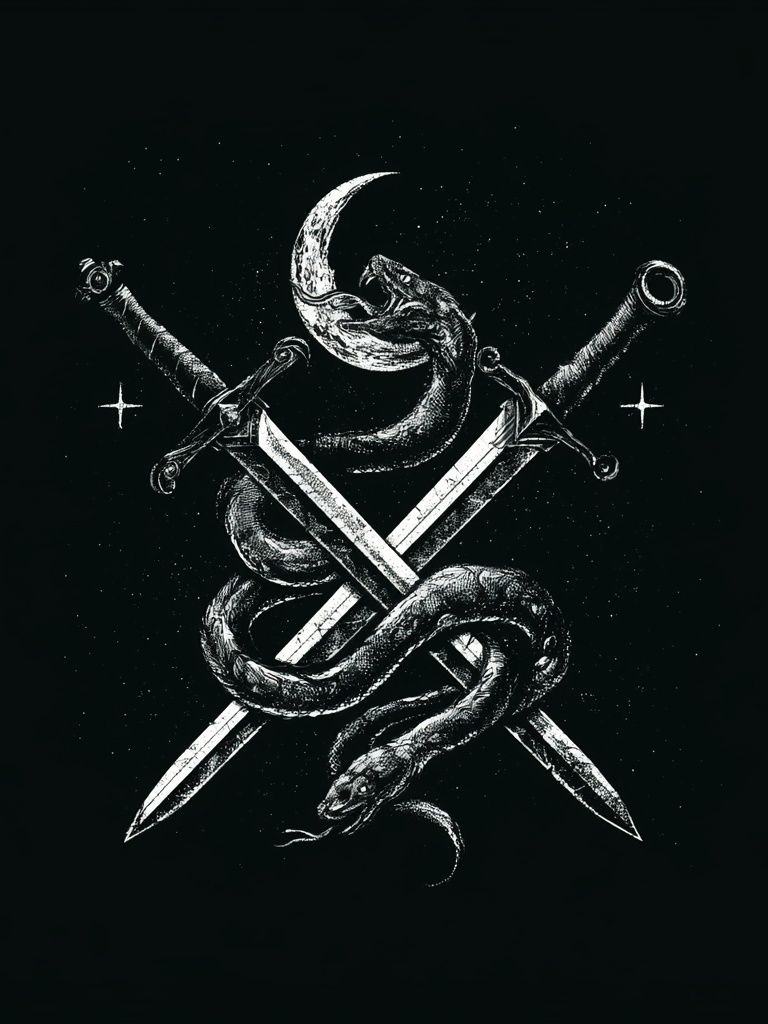 Serpent and Swords Dark Illustration Poster. poster detail