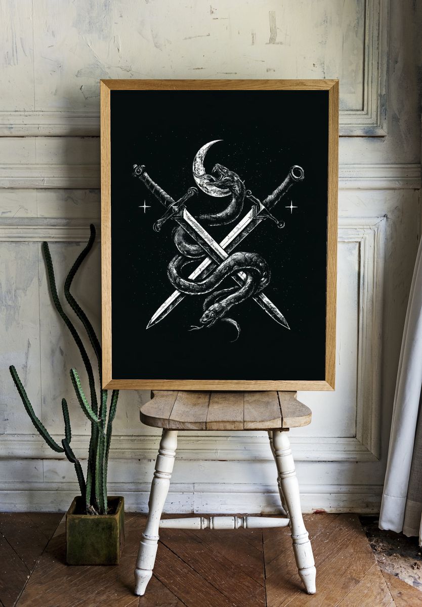 Serpent and Swords Dark Illustration Poster. room preview