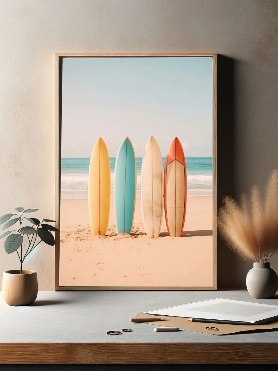 Surfboards on Beach Photography Poster. — room view 2