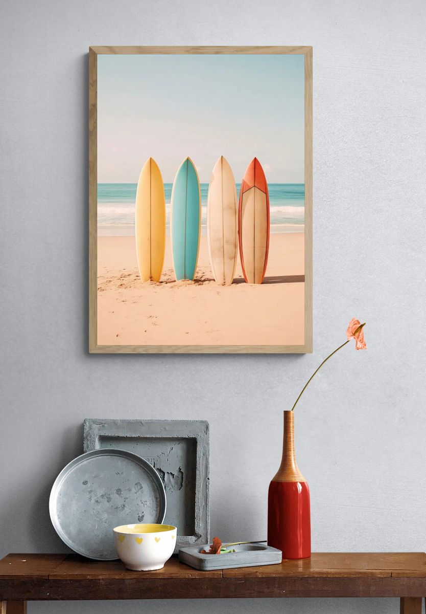 Surfboards on Beach Photography Poster. — room view 3