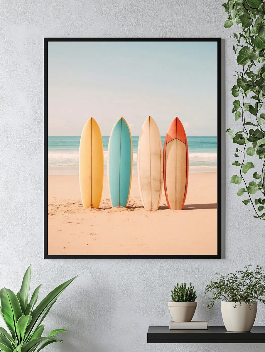 Surfboards on Beach Photography Poster. — room view 4