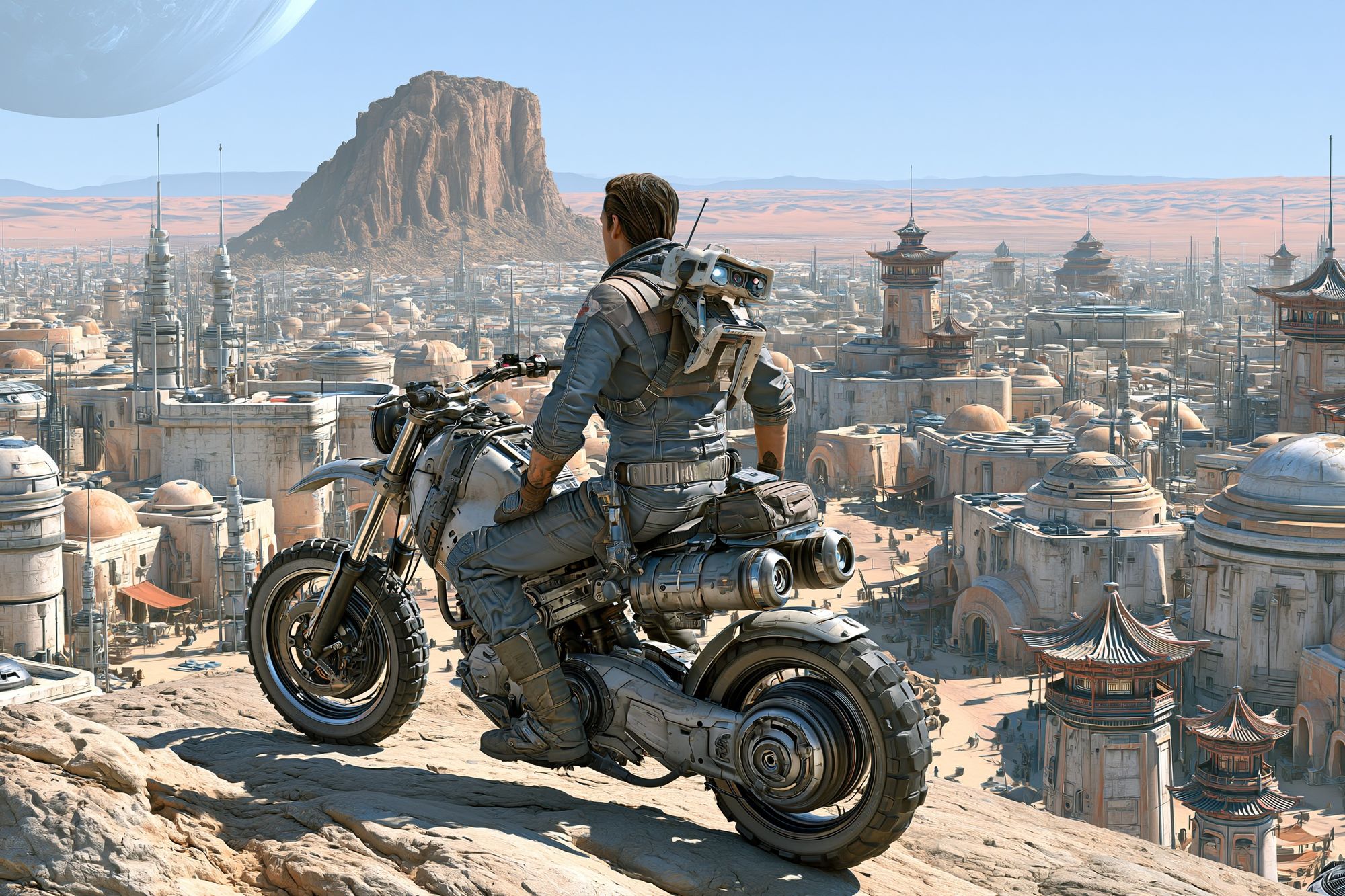Sci-Fi Rider Over Desert City Print. poster — illustration art
