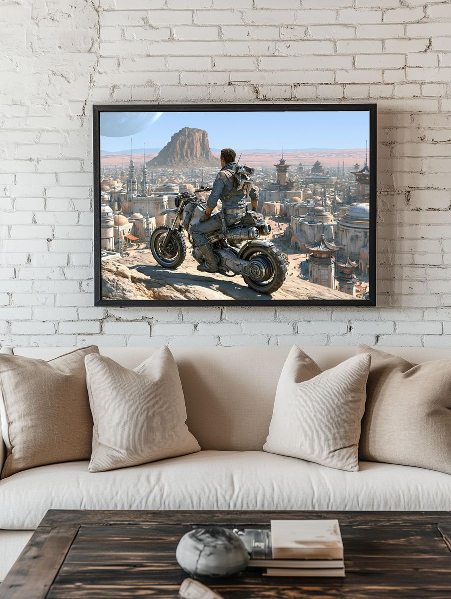 Sci-Fi Rider Over Desert City Print. room preview