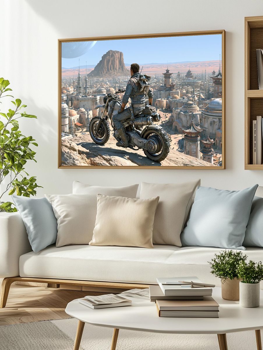 Sci-Fi Rider Over Desert City Print. — room view 2