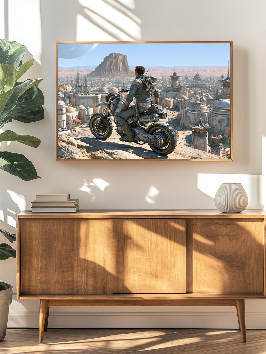 Sci-Fi Rider Over Desert City Print. — room view 3