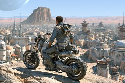 Sci-Fi Rider Over Desert City Print.
