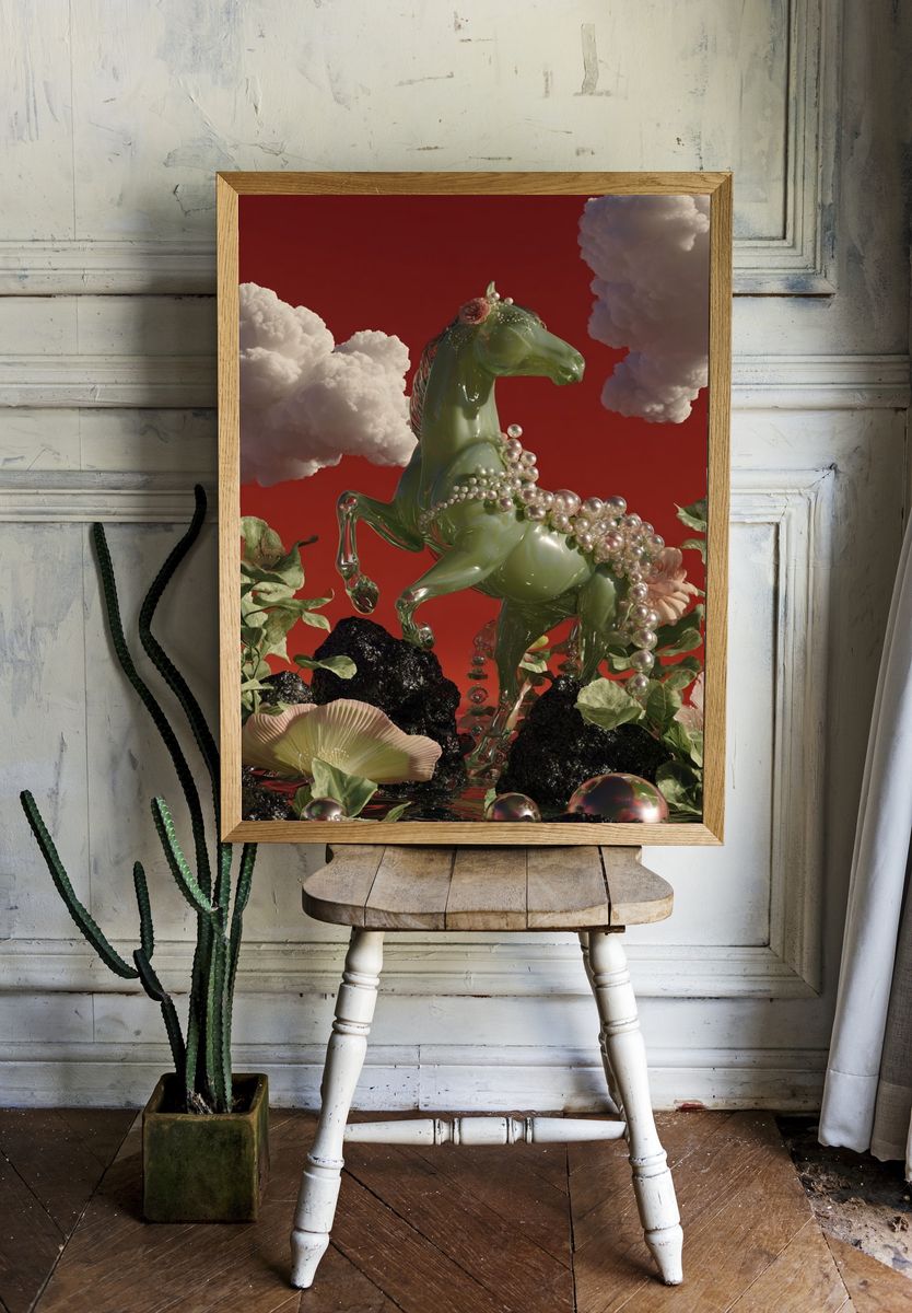 Surreal Green Horse Fine-Art Print. room preview