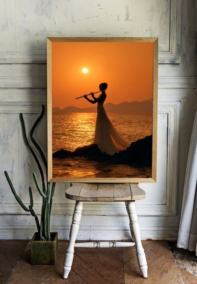 Sunset Flute Silhouette Photography Poster. — room view 1