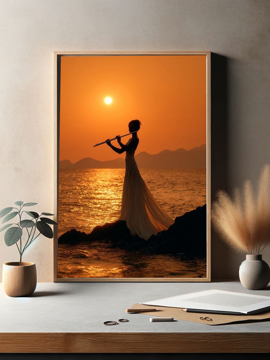 Sunset Flute Silhouette Photography Poster. — room view 2