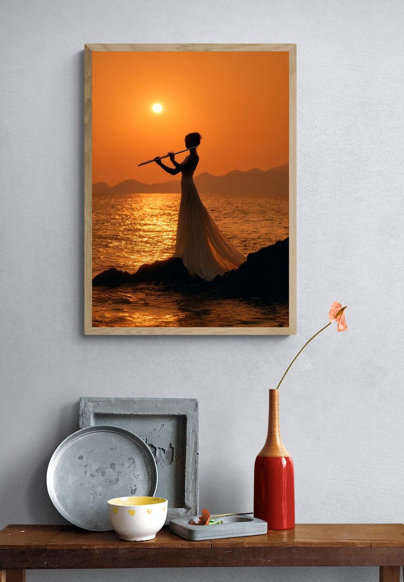 Sunset Flute Silhouette Photography Poster. — room view 3
