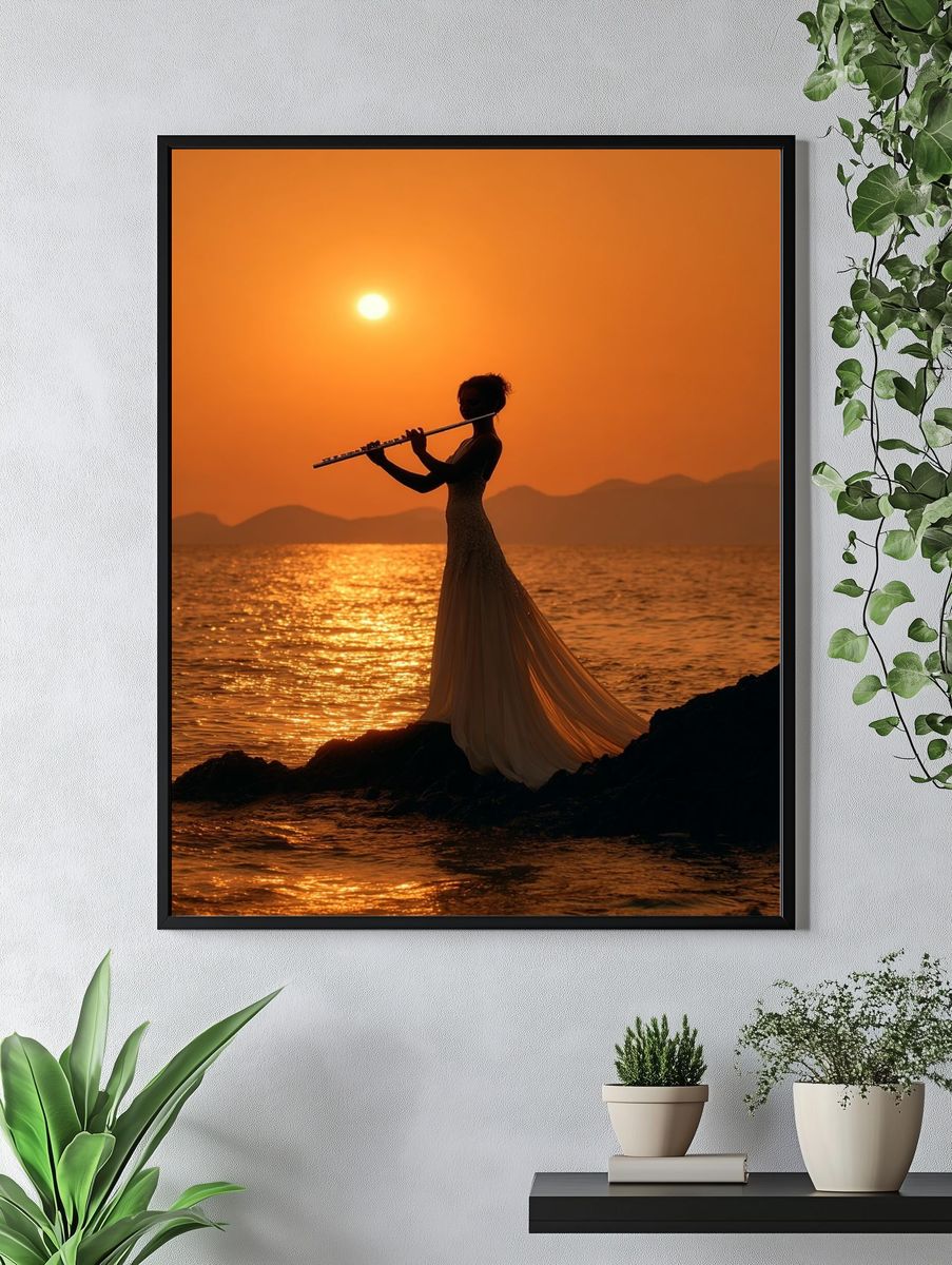 Sunset Flute Silhouette Photography Poster. — room view 4