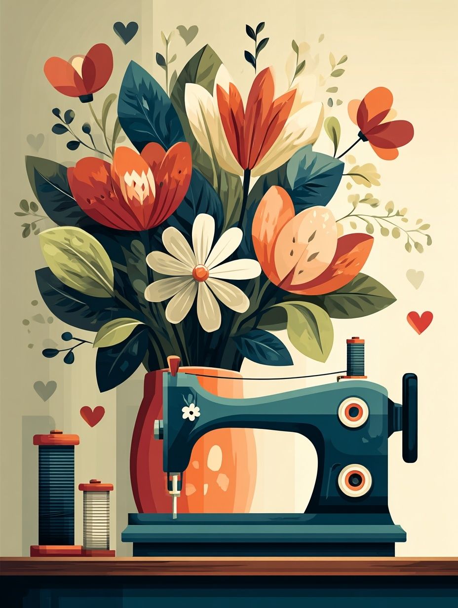 Sewing Machine with Floral Arrangement Poster. poster — illustration art
