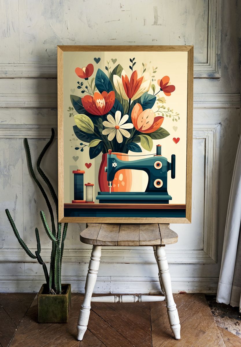 Sewing Machine with Floral Arrangement Poster. — room view 1