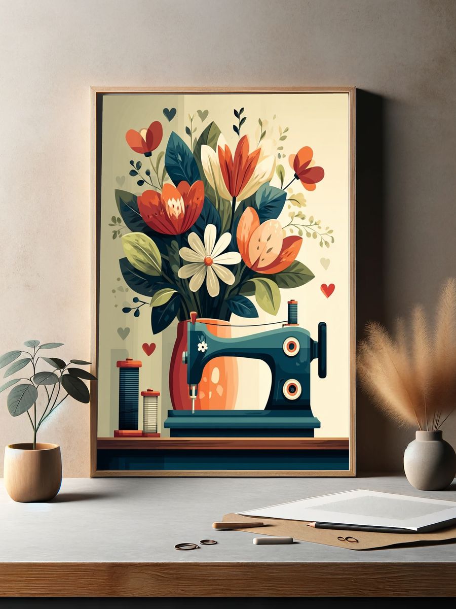 Sewing Machine with Floral Arrangement Poster. — room view 2
