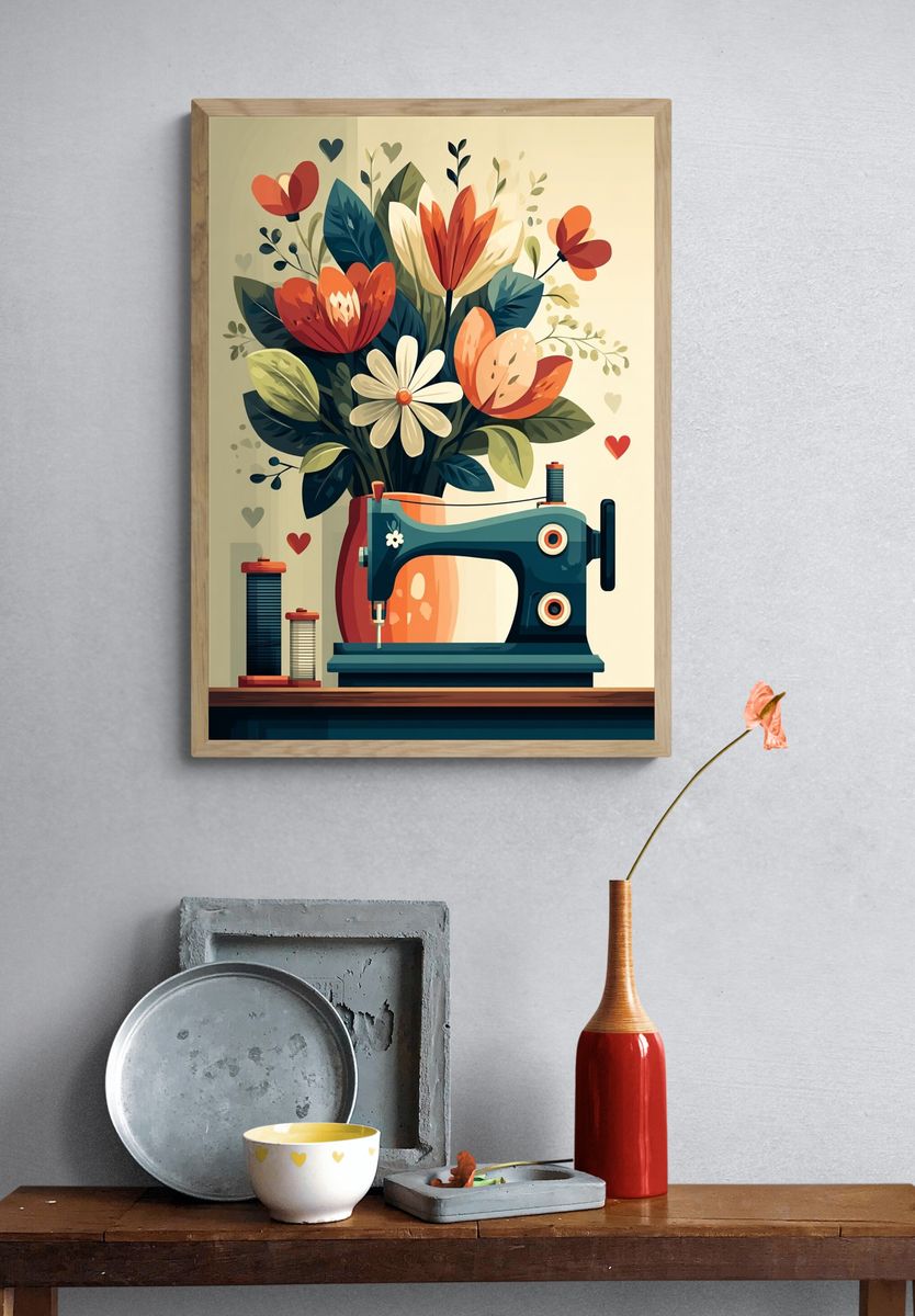 Sewing Machine with Floral Arrangement Poster. — room view 3