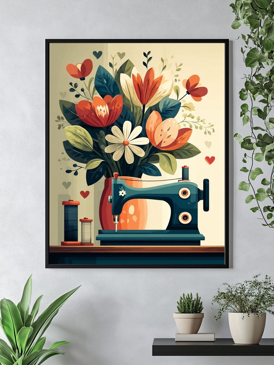 Sewing Machine with Floral Arrangement Poster. — room view 4