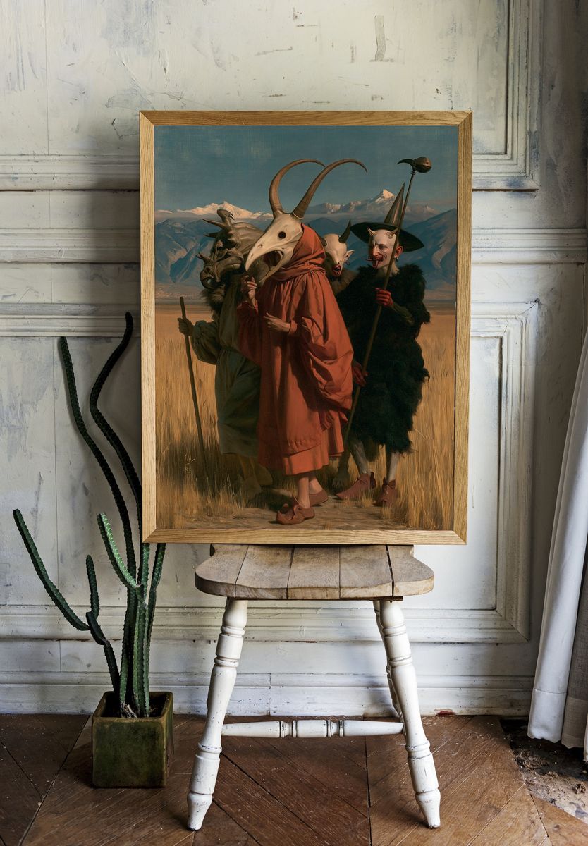 Surreal Masked Figures Fine-Art Poster. room preview