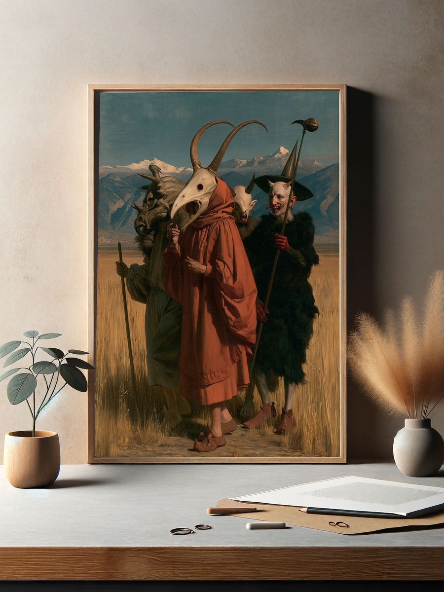 Surreal Masked Figures Fine-Art Poster. — room view 2