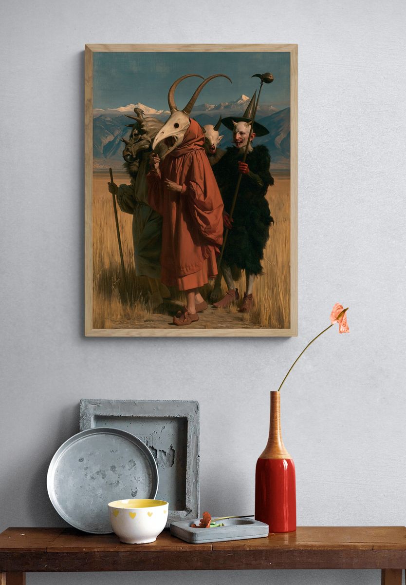 Surreal Masked Figures Fine-Art Poster. — room view 3