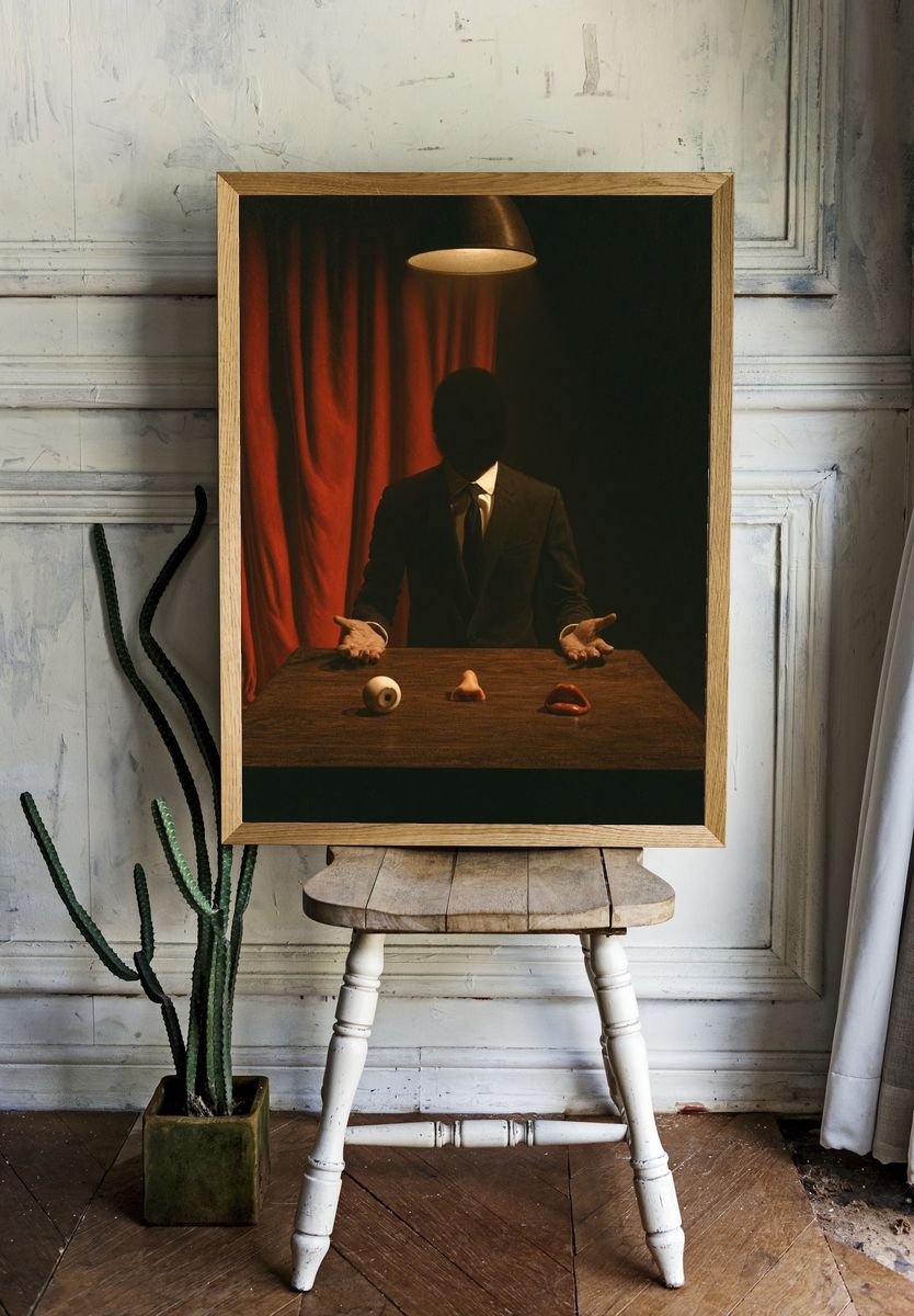 Surreal Faceless Figure Print. room preview