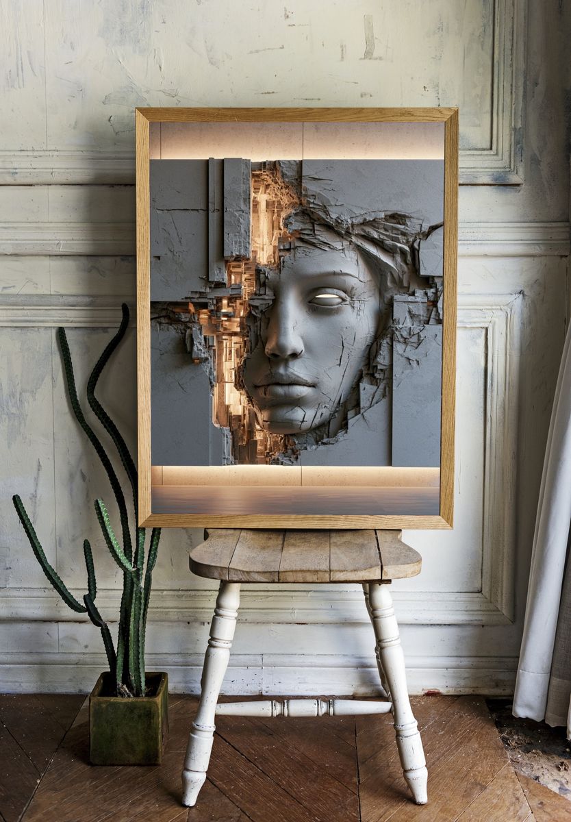Cracked Stone Face Surrealism Print. — room view 1