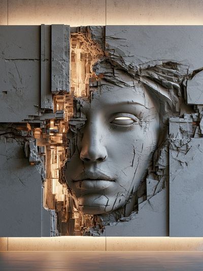 Cracked Stone Face Surrealism Print. poster