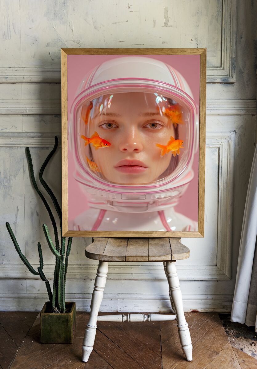 Astronaut with Goldfish — Surrealism Print. — room view 1