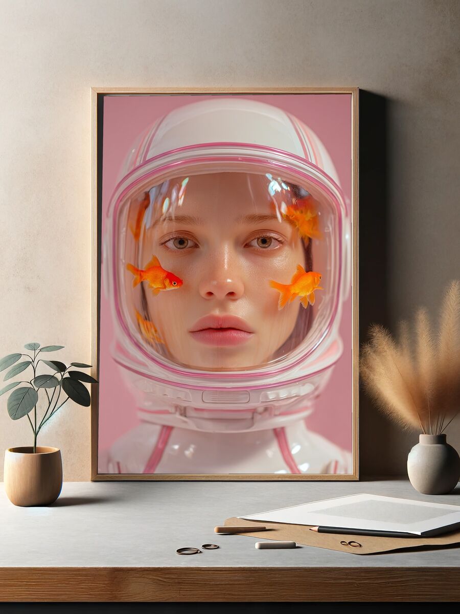 Astronaut with Goldfish — Surrealism Print. — room view 2