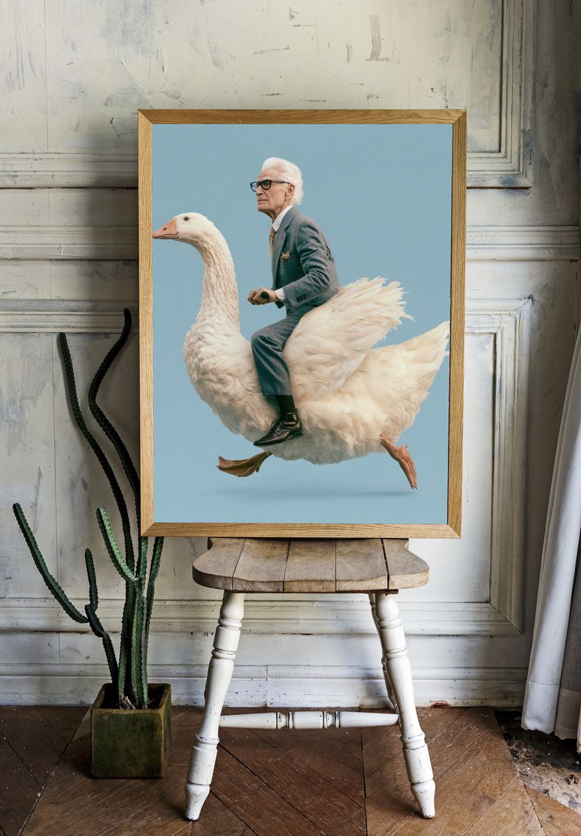 Surreal Goose Rider Print. room preview
