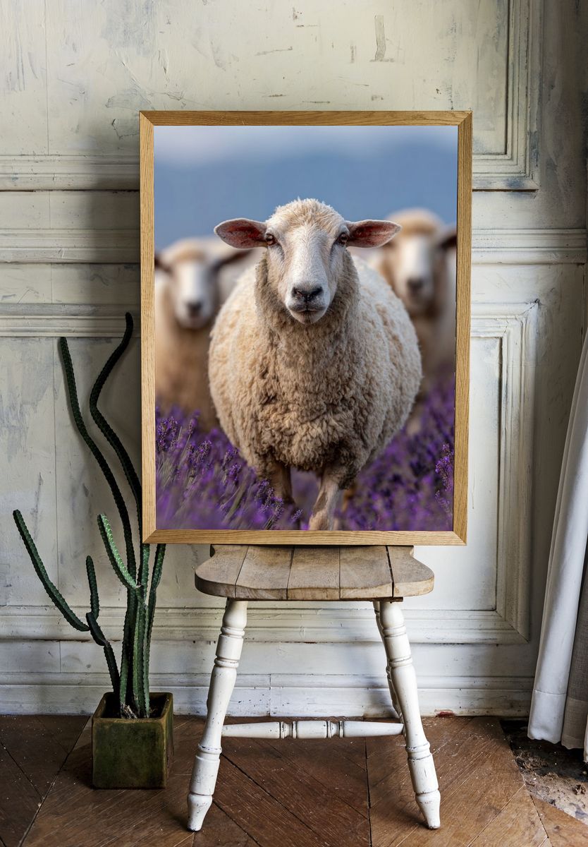 Sheep in Lavender Field Poster. — room view 1