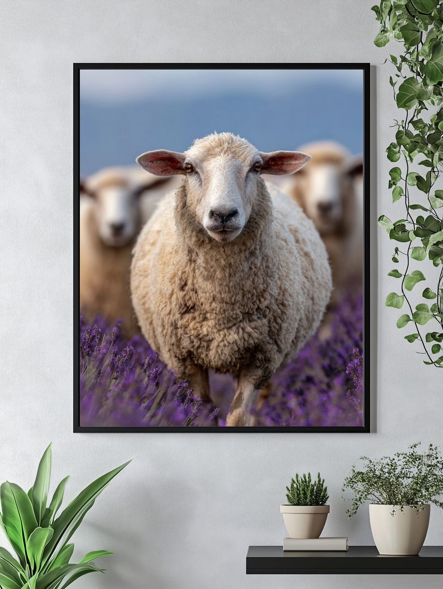 Sheep in Lavender Field Poster. — room view 4