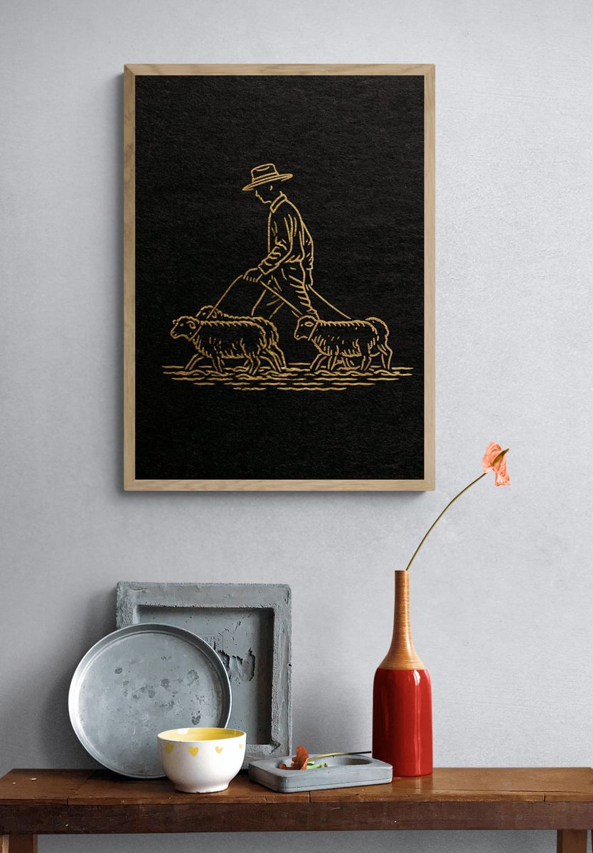 Shepherd and Sheep Line Art Poster. — room view 3
