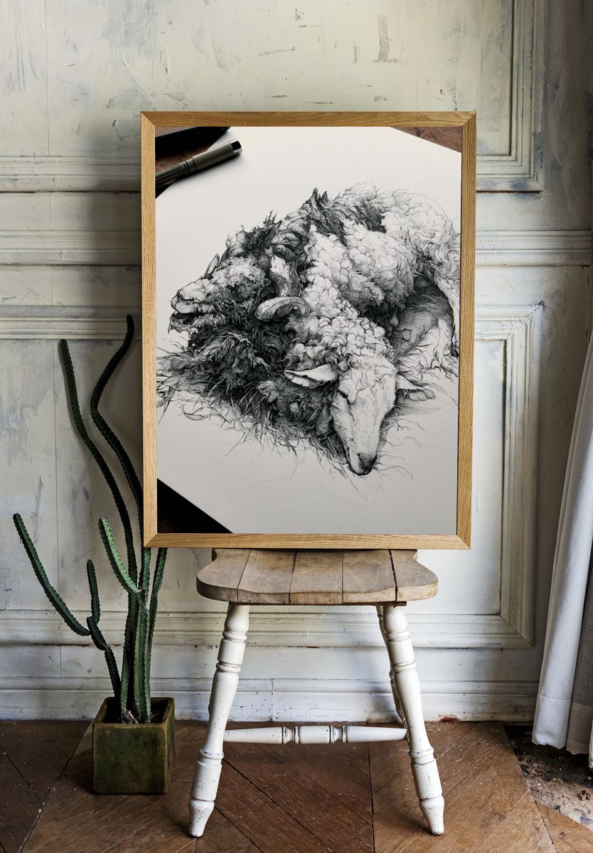 Sleeping Sheep Ink Poster. room preview