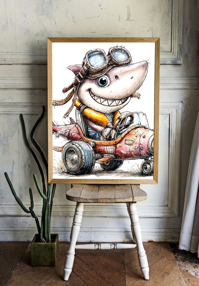 Adventurous Shark Pilot — Cartoon Print. — room view 1