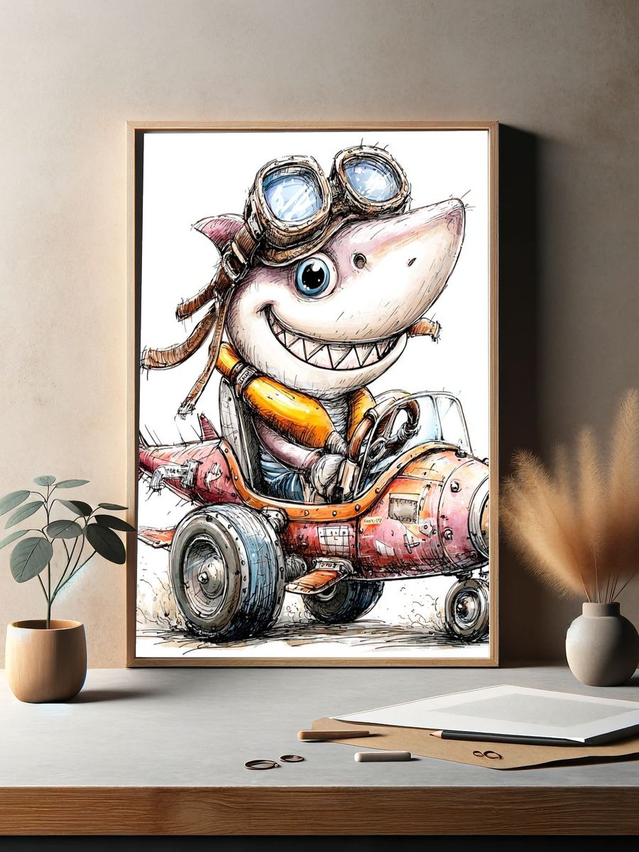 Adventurous Shark Pilot — Cartoon Print. — room view 2