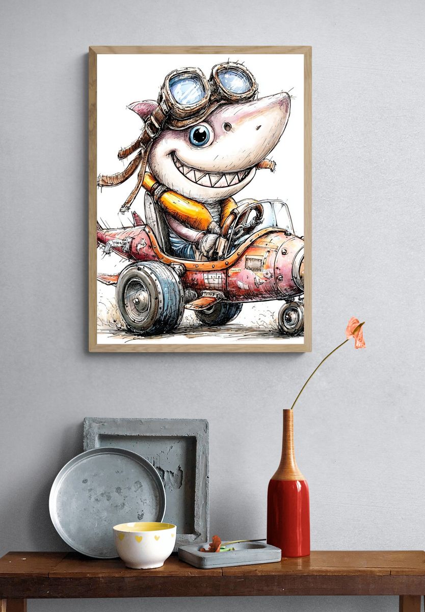 Adventurous Shark Pilot — Cartoon Print. — room view 3