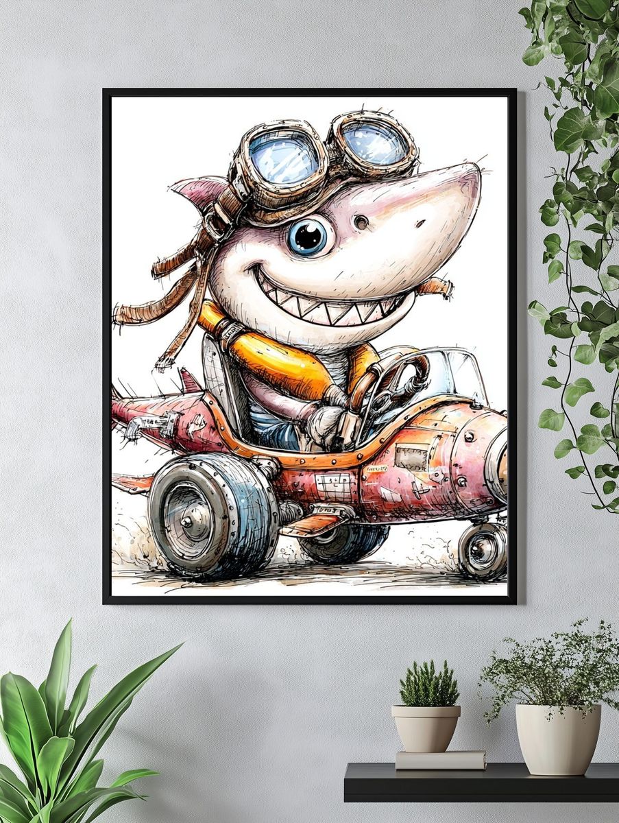 Adventurous Shark Pilot — Cartoon Print. — room view 4