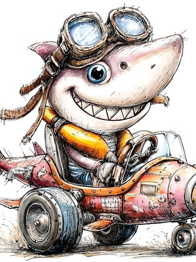 Adventurous Shark Pilot — Cartoon Print. poster print