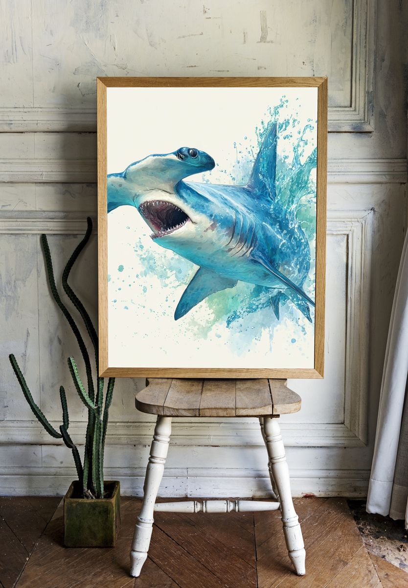 Hammerhead Shark — Watercolor Print. — room view 1