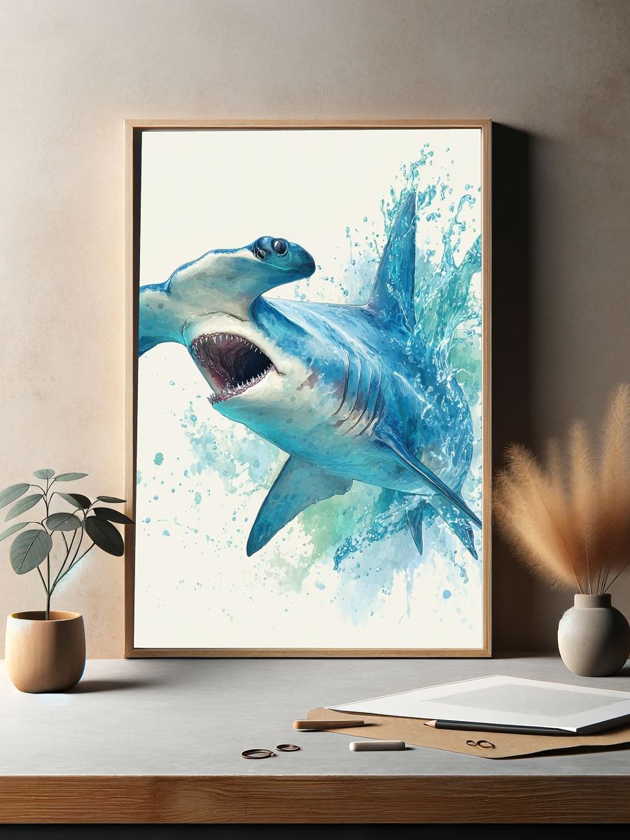 Hammerhead Shark — Watercolor Print. — room view 2