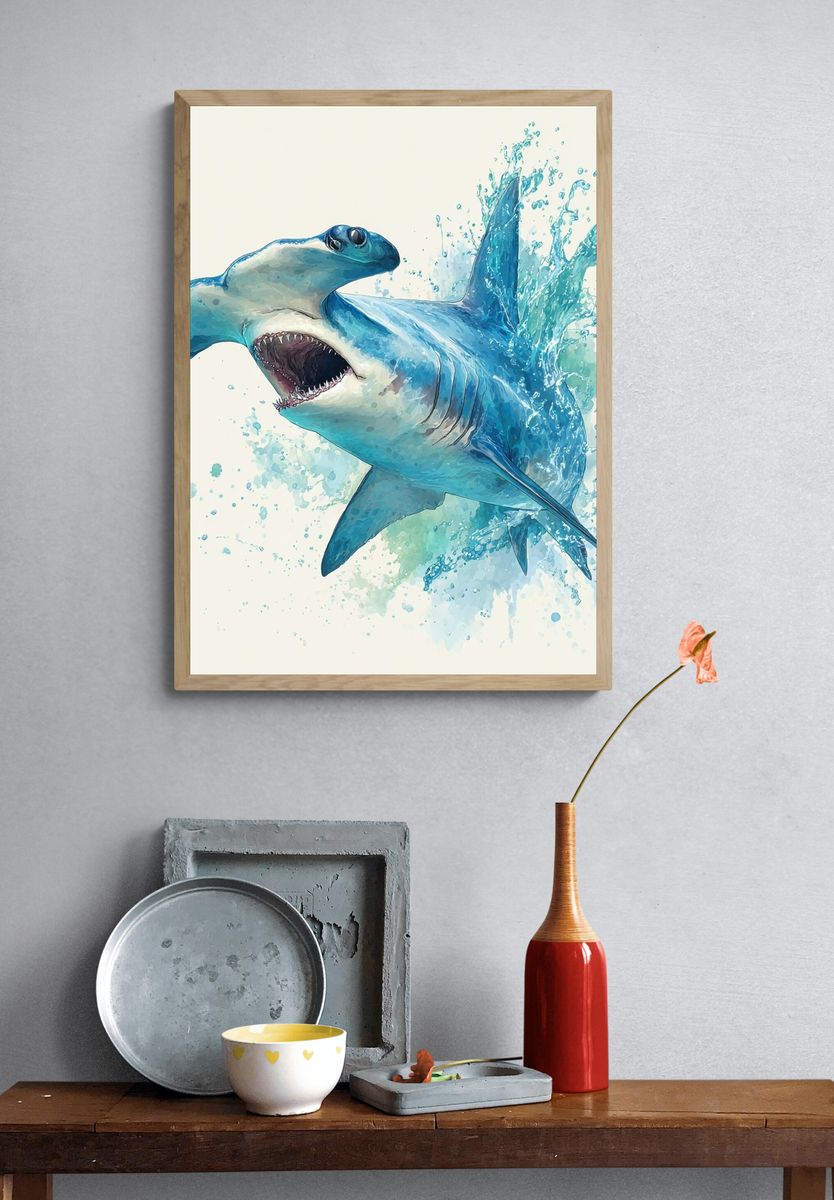 Hammerhead Shark — Watercolor Print. — room view 3
