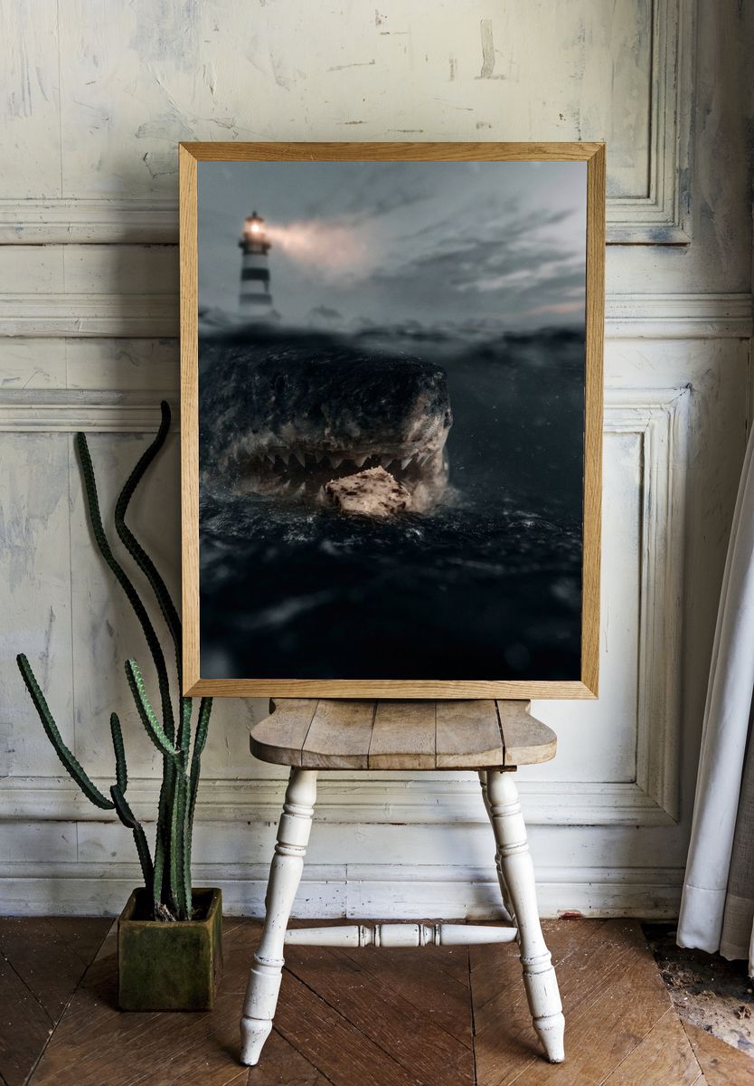 Shark at Lighthouse — Photography Print. room preview
