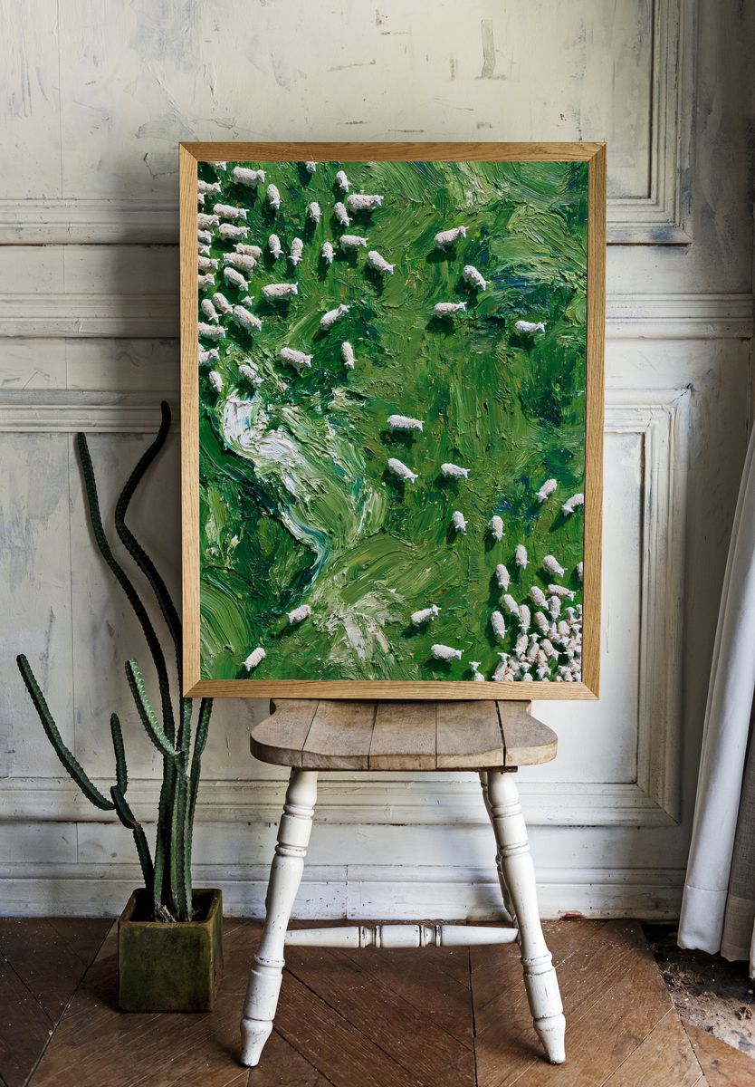 Sheep on Green Hillside Print. room preview