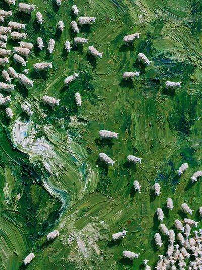 Sheep on Green Hillside Print. poster