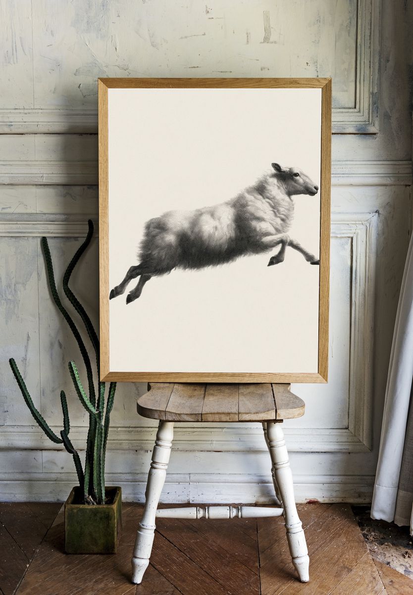 Leaping Sheep Black-White Print. room preview