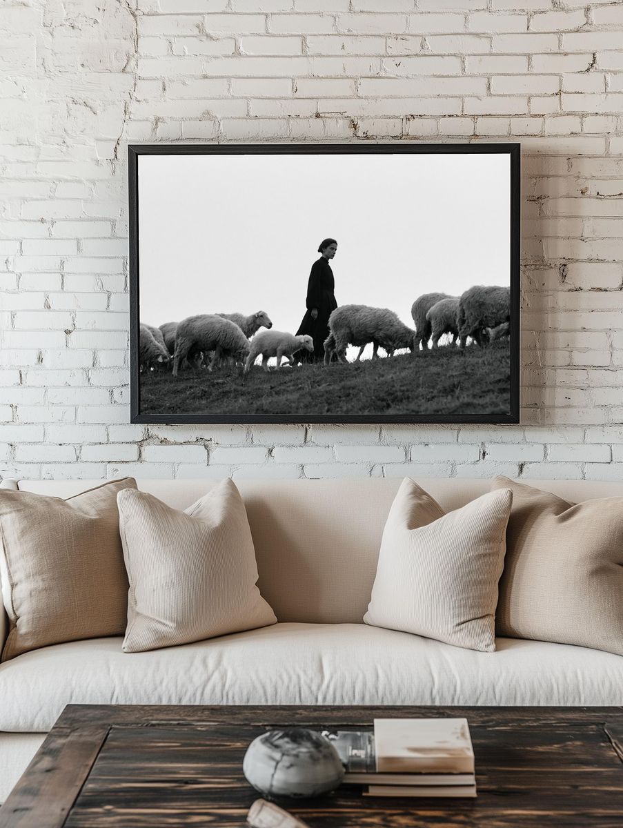 Shepherd and Sheep Black-White Poster. room preview