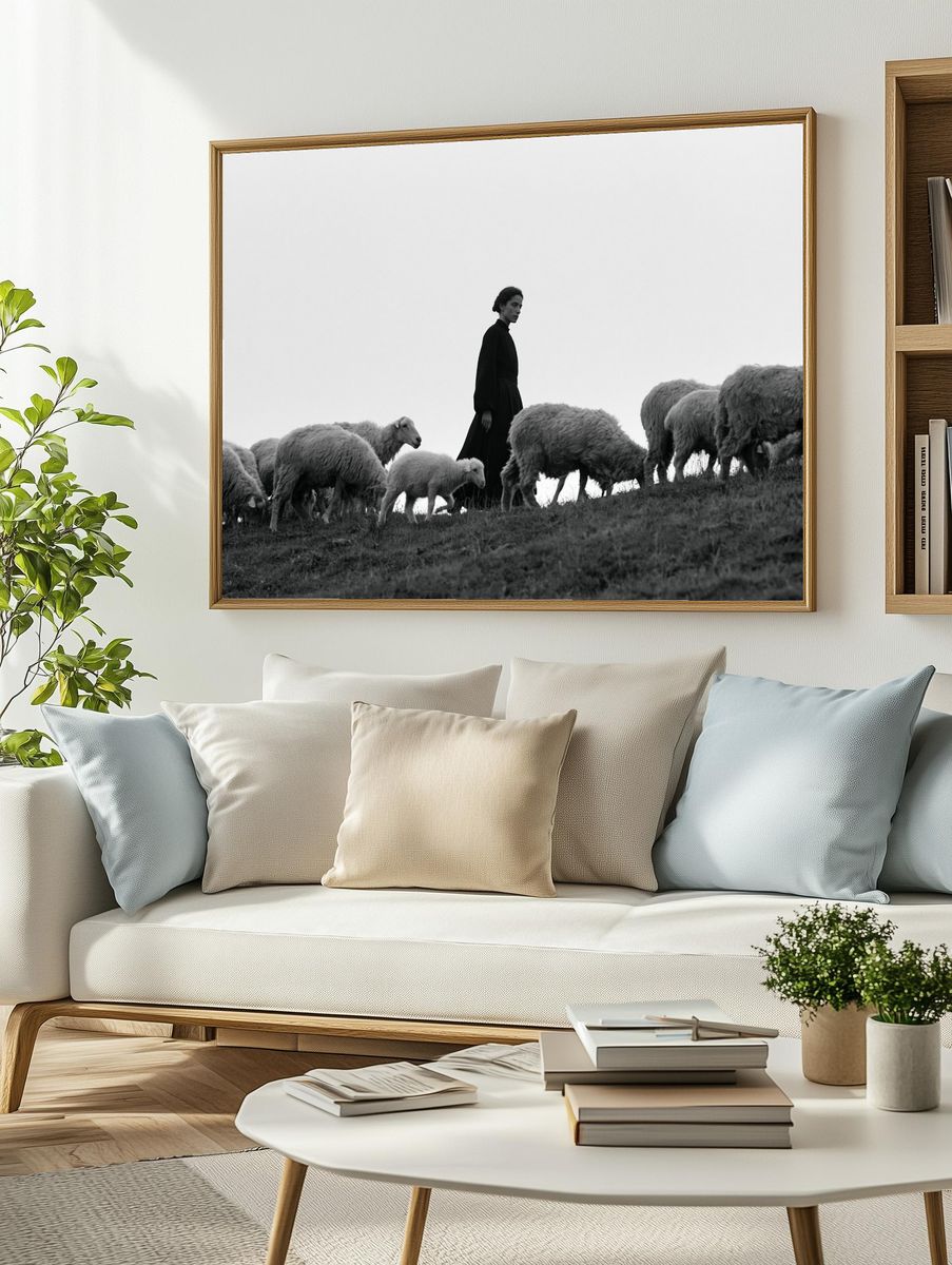 Shepherd and Sheep Black-White Poster. — room view 2