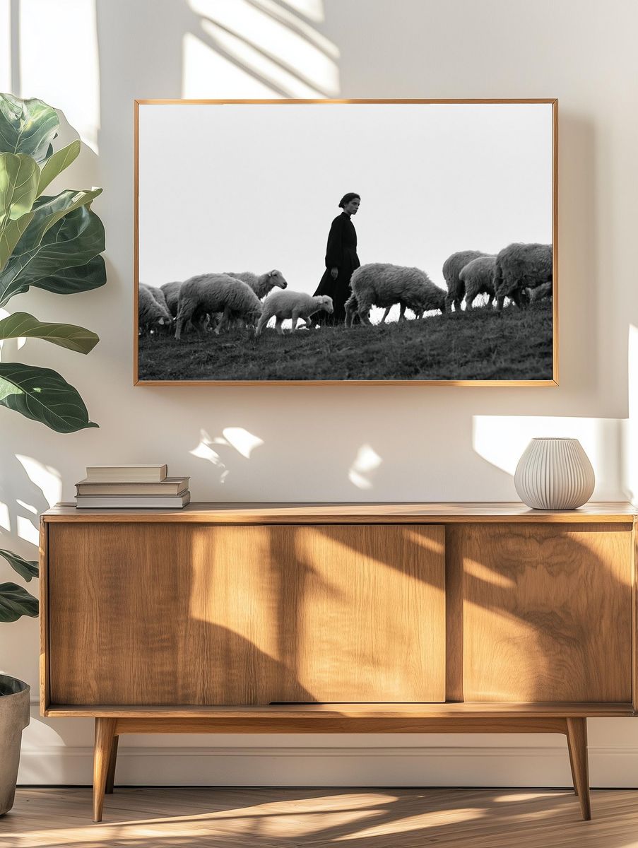 Shepherd and Sheep Black-White Poster. — room view 3