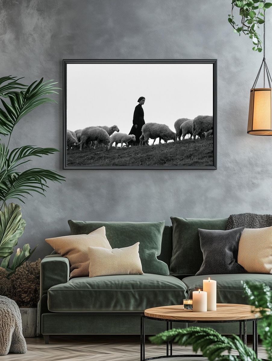 Shepherd and Sheep Black-White Poster. — room view 4