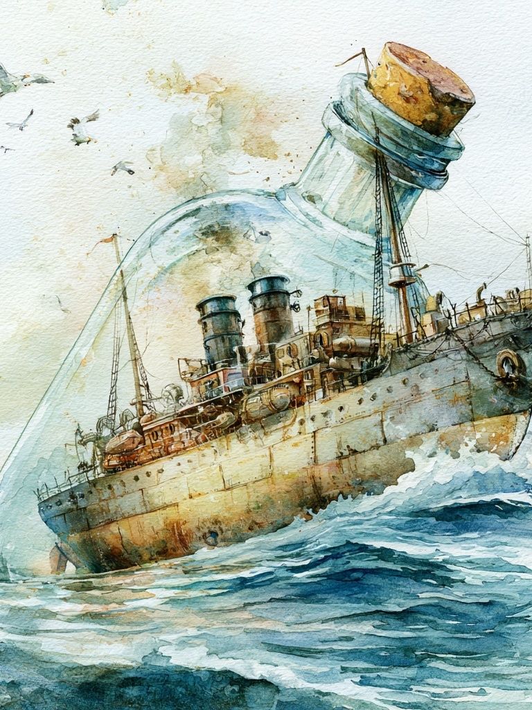 Ship in Bottle Watercolor Print. poster detail